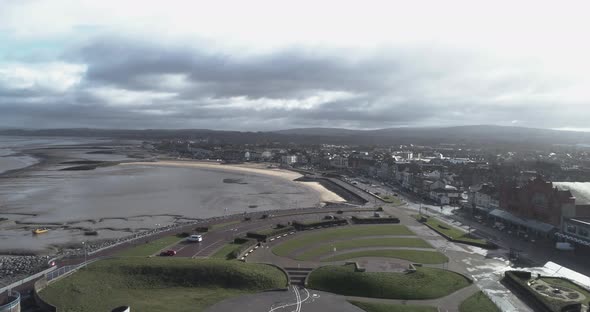 Aerial push in over Morecambe Bay and Beach