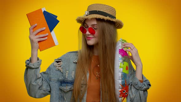 Summer Vacation Traveler Tourist Teen Student Girl Celebrating Holding Passport Tickets Luggage