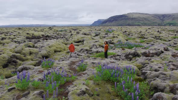 Drone Of Hiking Couple In Moss Covered Landscape