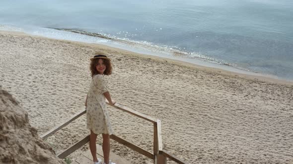 Elegant Lady Standing Stairs Platform Watching Beach Beauty