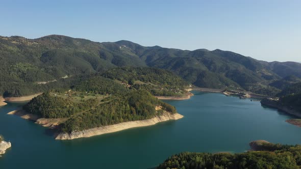 Aerial view at Zaovine lake from Tara mountain in Serbia