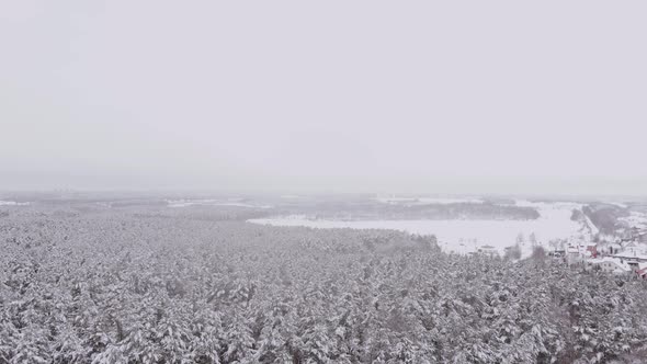 Beautiful Frosty Winter Aerial View of Snowcovered Forest Lake Cottages