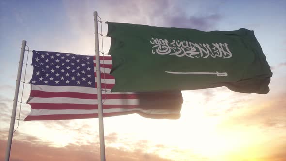 Saudi Arabia and USA Flag on Flagpole