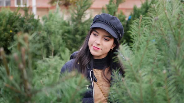 A hispanic woman shopping for a seasonal holiday Christmas tree decoration on a lot with many specie