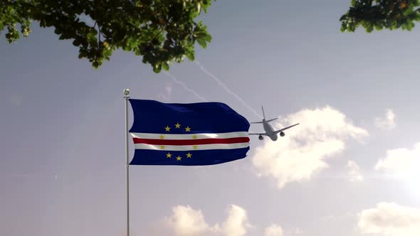 Cape Verde Flag With Airplane And City -3D rendering
