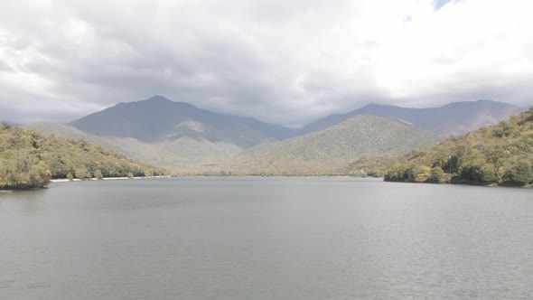 Aerial view of Kvareli lake between autumn forest, Georgia