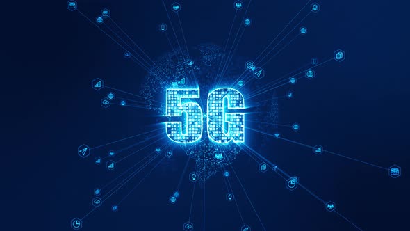 Blue digital 5G icon and data transter futuristic technology abstract background seamless loop video