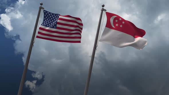 Waving Flags Of The United States And The Singapore 4K