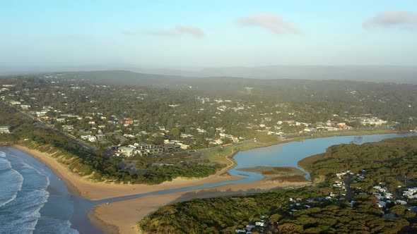 AERIAL Summer Morning Over Coastal Township Of Anglesea, Australia