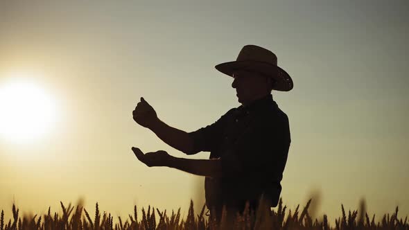 Silhouette of a farmer at sunset.