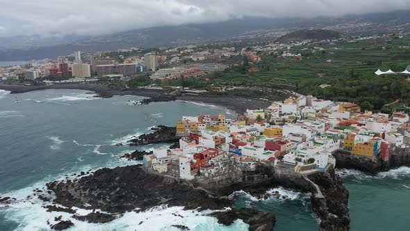 view of the city of Puerto dela Cruz, the island of Tenerife, black beaches on the Atlantic ocean