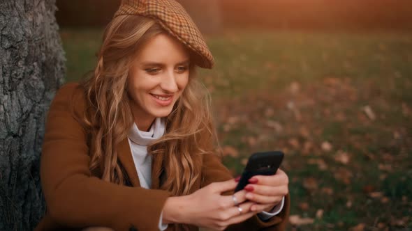 The Young Happy Woman Is Smiling and Touching a Cell Phone Next To Tree in a Park or Forest. A Girl
