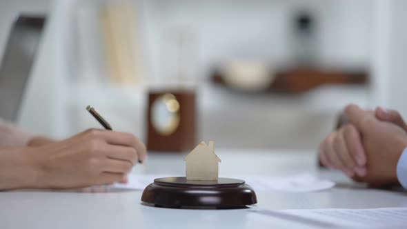 Woman Signing Home Purchase Contract, Shaking Hand With Lawyer, Insurance Policy