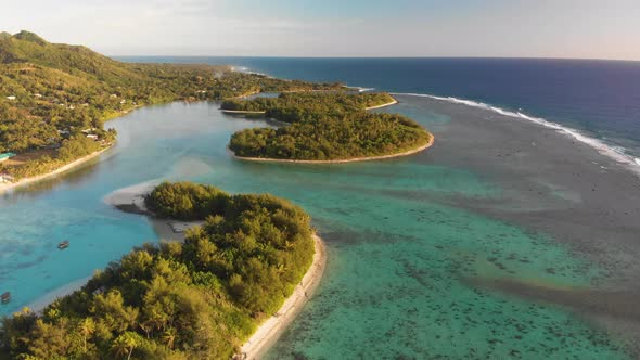 Aerial view of the stunning Muri lagoon and coastline in Rarotonga in the Cook island in south Pacif