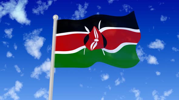 Kenya National Flag Flying Wave In The Sky With Clouds