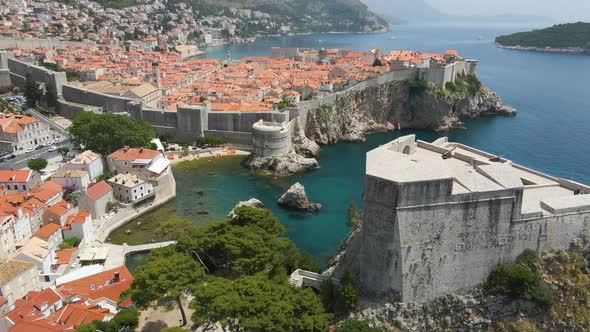 Fort Lovrijenac and Fort Bokar from Dubrovnik walls of Croatia. Fort Lovrijenac fortress in West Har