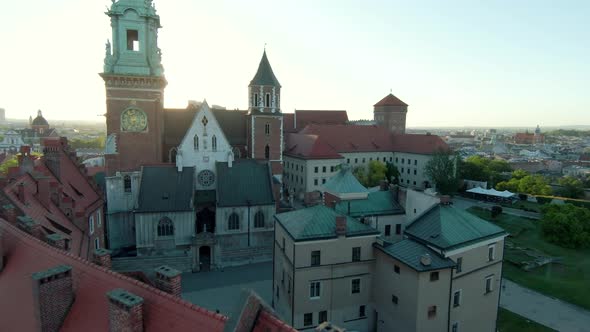 Aerial View of Wawel Royal Castle and Cathedral Early Morning at Dawn