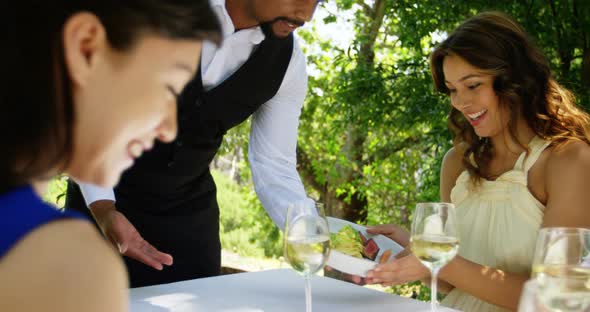 Waiter serving food to couples