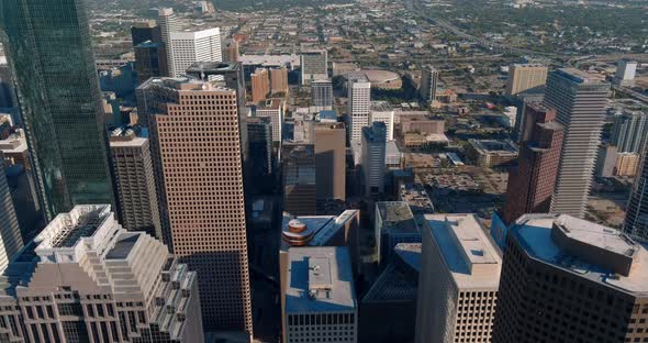 Drone view of skyscrapers in the Downtown Houston area. This video was filmed in 4k for best image q