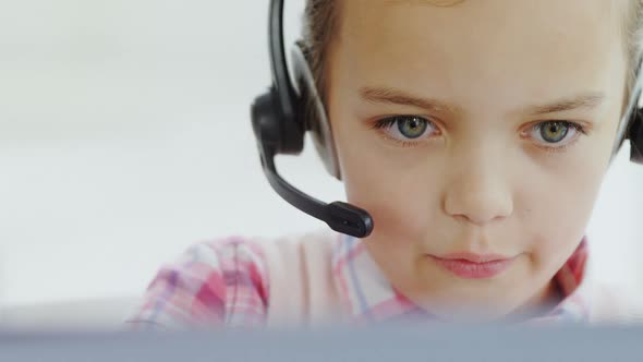 Girl as customer service executive wearing headphones 4K 4k