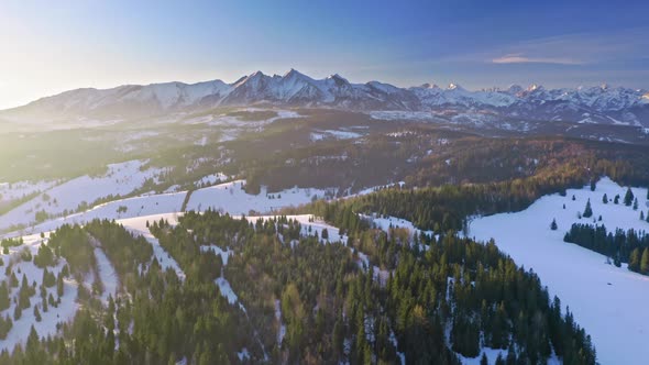 Tatra mountains at sunrise in winter, aerial view