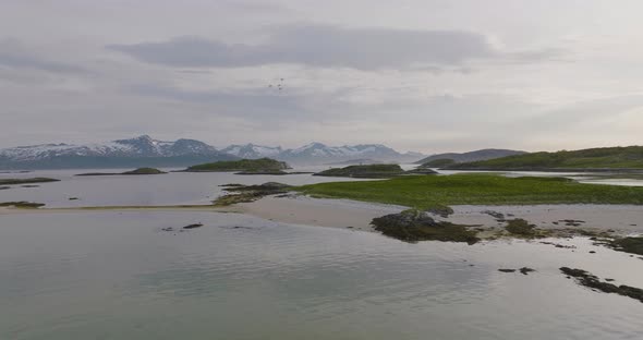 Peaceful aerial view of green Island, seagulls nesting Northern Norway