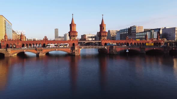 Beautiful Oberbaum Bridge Over River Spree in Berlin From Above  Aerial View