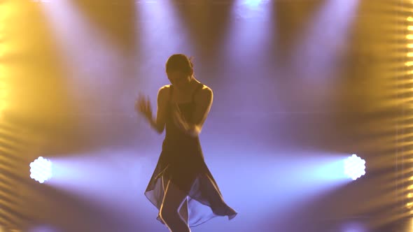 Professional Ballerina Dancing Ballet in Spotlights and Smoke on Stage. Silhouette of a Beautiful