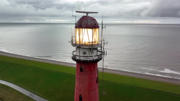 Lighthouse Tower Lange Jaap in Den Helder Drone Aerial Footage Along the Sea Near the Island of