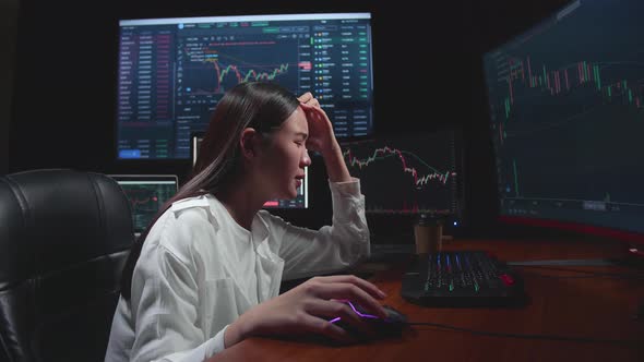 Disappointed Of Asian Female Stock Market Broker Working On Computer With Analysing Graphs