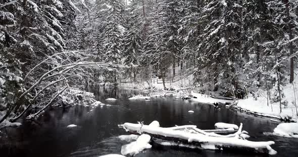 Flying Slowly Over Flowing and Steady Winter River