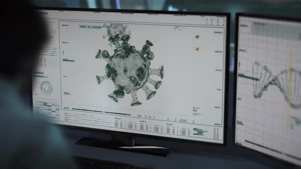 Patient on a bed. Specialist works on computer. data and 3D images. Coronavirus alt
