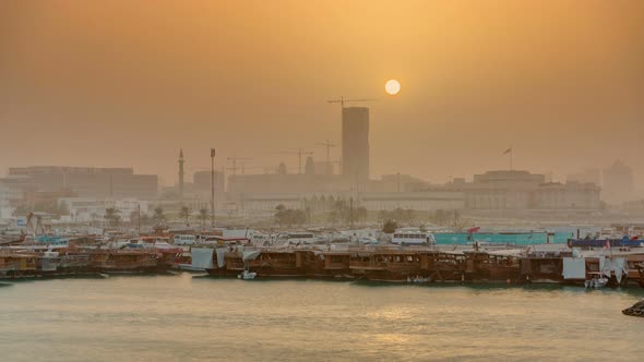 Sunset at Doha Bay Timelapse with Traditional Wooden Dhow Fishing Boats