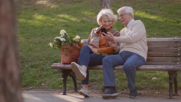 Handsome senior couple sitting on the bench with basket full of flowers and looking at mobile phone