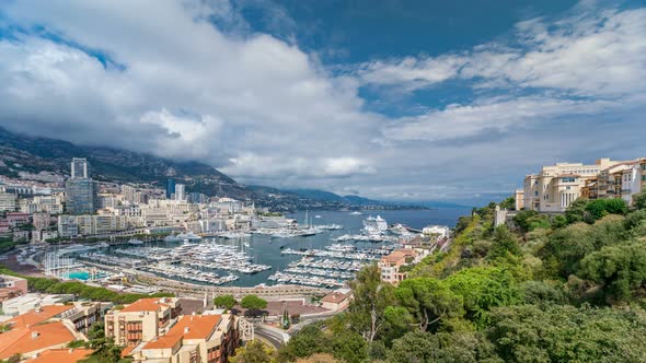 Monte Carlo City Aerial Panorama Timelapse. View of Luxury Yachts and Apartments in Harbor of Monaco