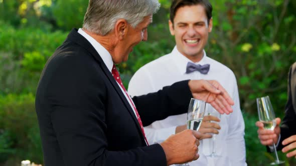 Father of the Bride toasting champagne with groom and guest 4K 4k