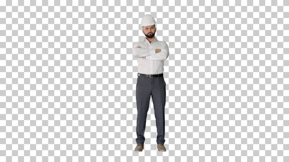 Confident engineer wearing a white helmet, Alpha Channel