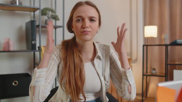 Nervous Adult Freelancer Girl Confused By Big Routine Laptop Work Loading Indoors at Home Office