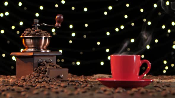 Background with Lights. Coffee Grinder Filled with Roasted Coffee Beans