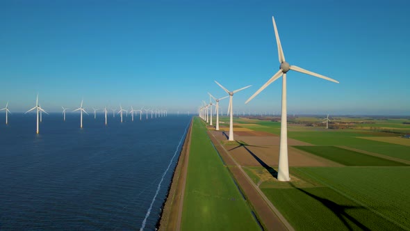 Windmill Park in the Ocean Drone Aerial View of Windmill Turbines Generating Green Energy Electric