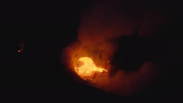 Drone Over Molten Caldera Of Erupting Volcano