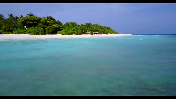 Aerial drone view tourism of idyllic sea view beach lifestyle by shallow water with white sandy back