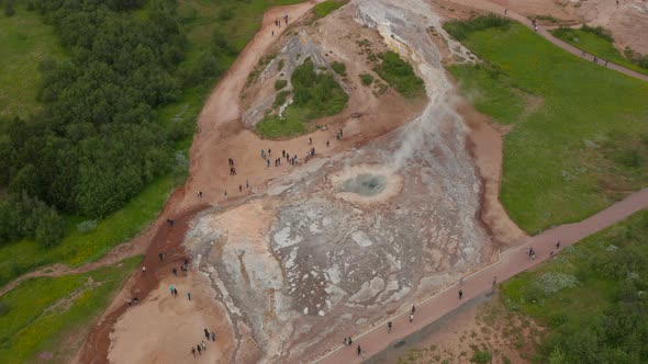 Aerial View of Active Geothermic Geysir in Highlands of Iceland