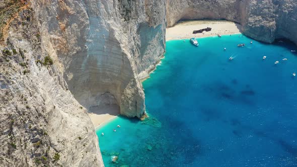 View of Navagio beach, Zakynthos Island, Greece. Blue sea water.