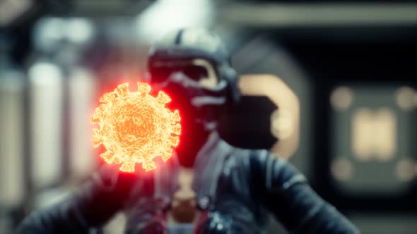 Woman in Protective Medical Mask on Her Face Looking at COVID-19 Coronavirus alt