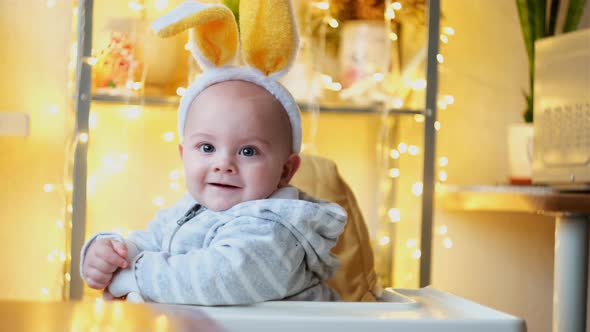 Funny Little Baby Boy Wearing Bunny Ears Smiling Easter Concept