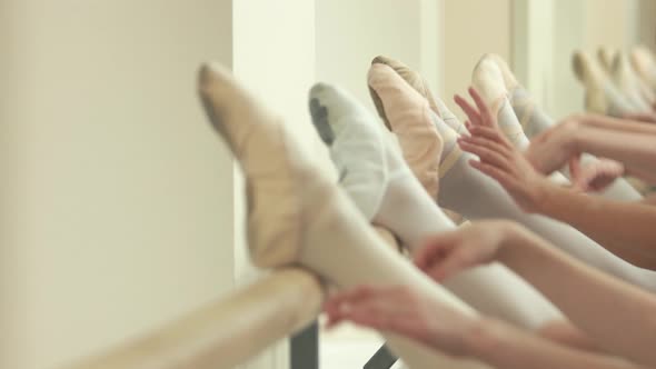 Close Up Legs of Ballerinas at Barre