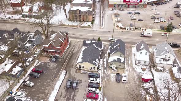 Drone shot of a busy street in a small community.