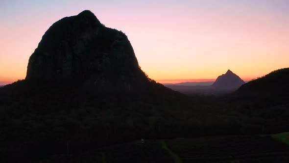 Aerial view of the Glass House Mountains, Sunshine Coast Hinterland.