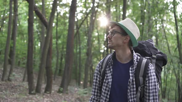 A Tourist Walks Through a Dense Green Forest